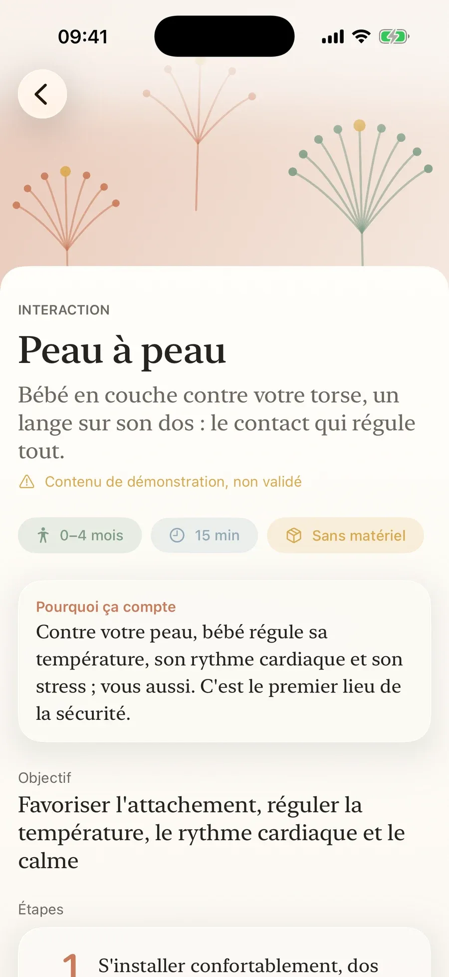 Fiche activité « Peau à peau », étapes comme une recette