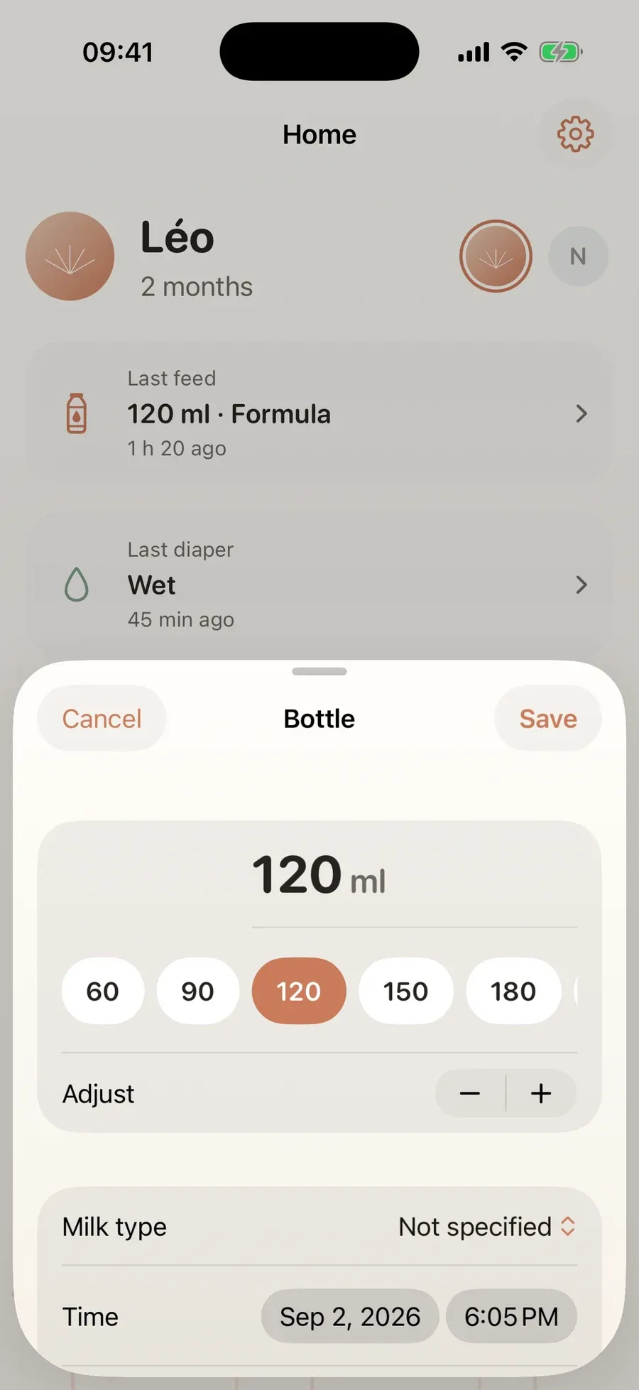 Bottle sheet: 120 ml already selected, milk type, time