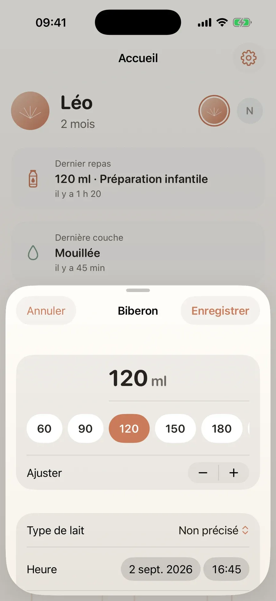 Feuille Biberon : 120 ml déjà sélectionnés, type de lait, heure