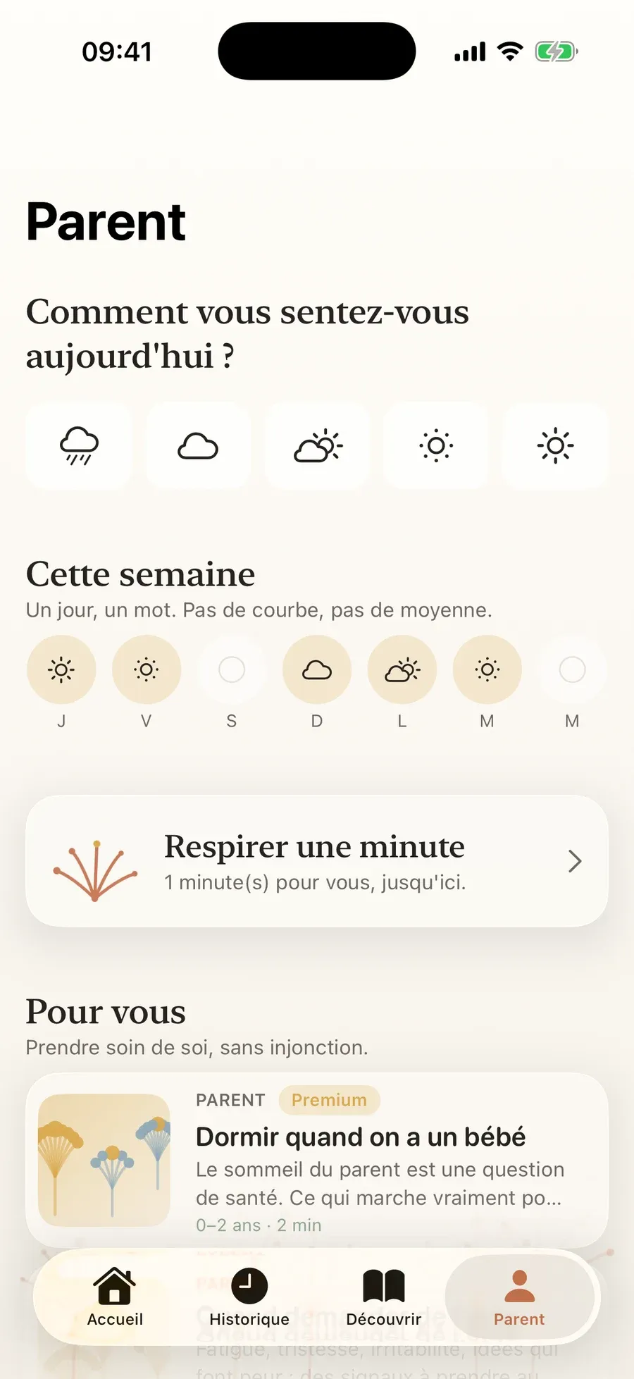 Espace Parent : check-in du jour, la semaine en mots, ressources
