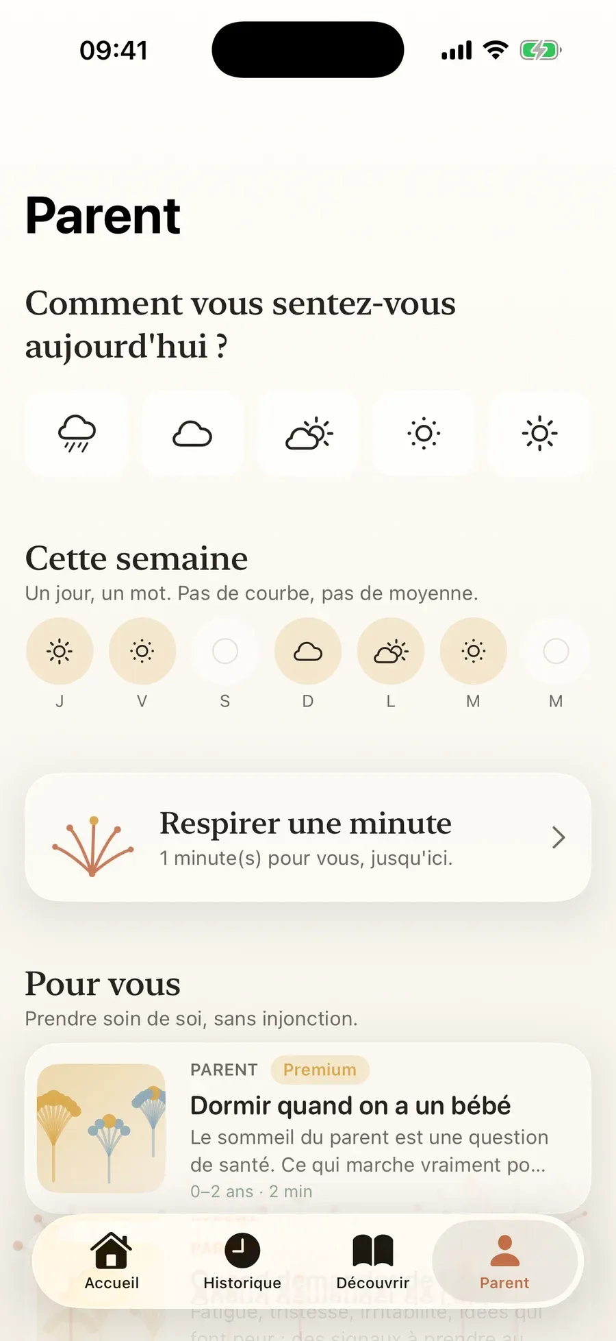 Espace Parent : check-in du jour, la semaine en mots, ressources